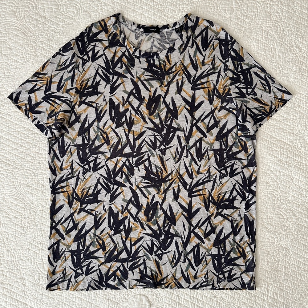 Theory Men’s 100% Linen All Over Leaf Graphic Print Essential Tee T-Shirt